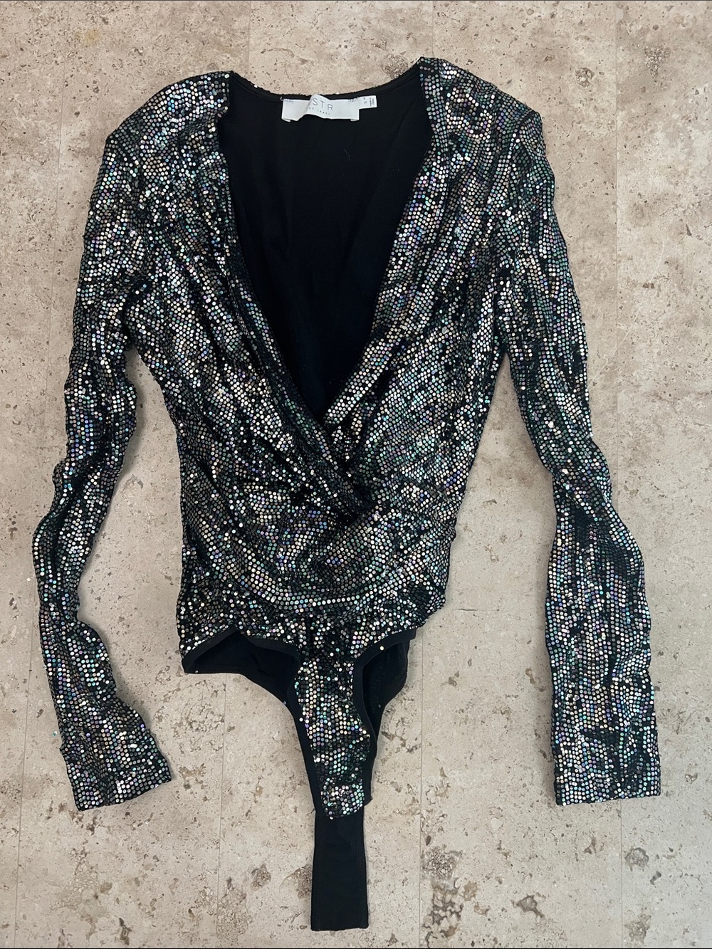 Astr Sequin Wrap-Front Bodysuit - Black Iridescent
